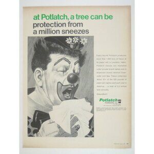 Potlatch Forest Products Vintage 1967 Clown Tissue Ad Circus Sneeze